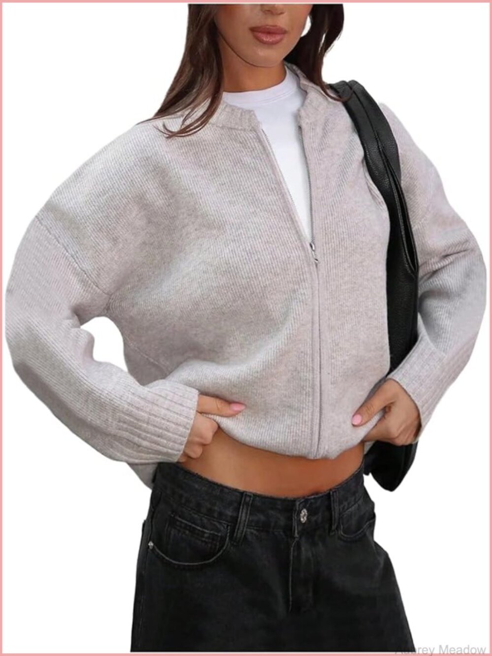 Long Sleeve Zip Up Ribbed Knit Cardigan Crewneck Loose Fit Sweater Trendy Coat